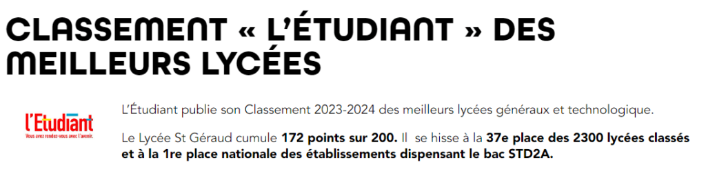 Le lycée Saint-Géraud à la première place du classement des lycée 2023-2024 de l'Étudiant